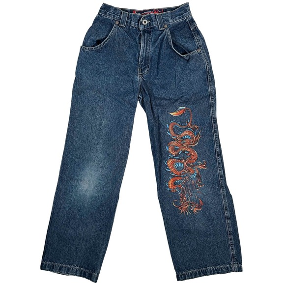 JNCO Jeans Front Graphic Dragon Dark Wash Denim Kids Youth Size 16 Y2K Vintage - Picture 1 of 9